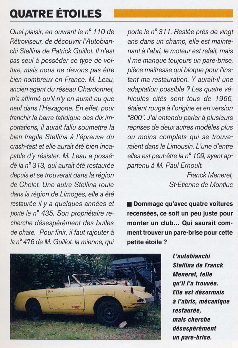 Rétroviseur décembre 1997 — Quatre étoiles : four known Stellinas in France