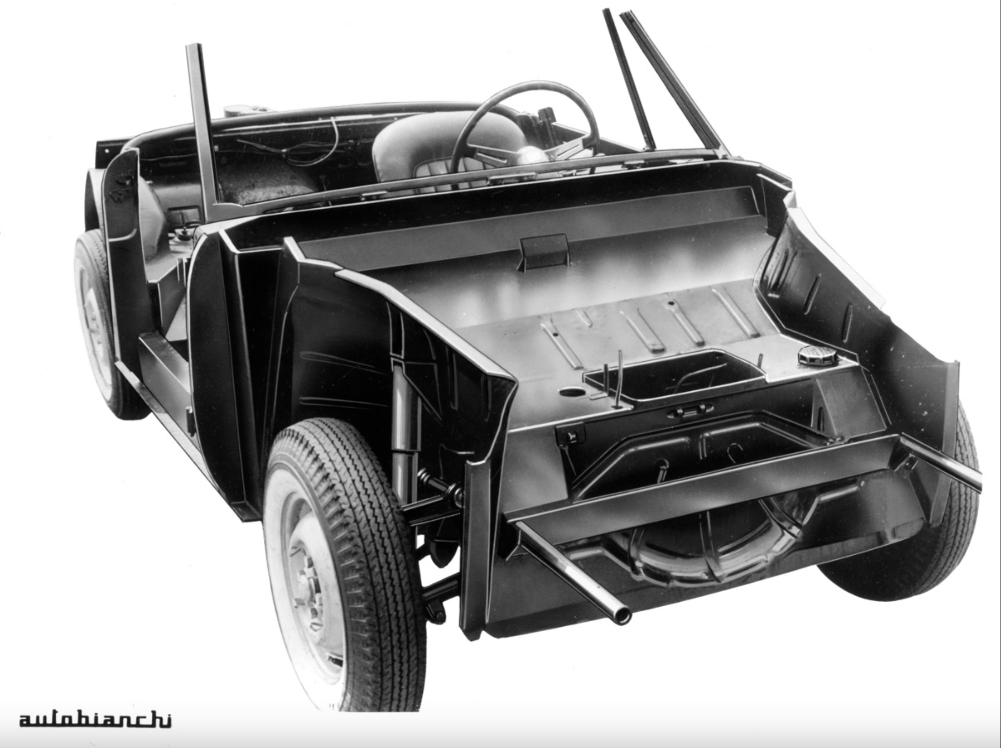 Autobianchi Stellina — bare chassis structure, official factory photograph